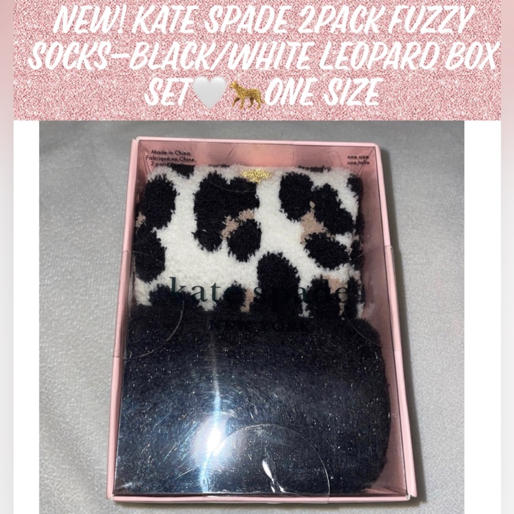 New! Kate Spade 2Pack Fuzzy Socks-Black/White Leopard Box Set🤍🐆One Size